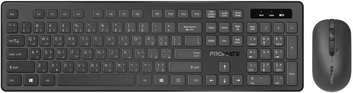 Promate Wireless Keyboard and Mouse Combo, Slim Full-Size2.4Ghz Wireless Keyboard, 1600 DPI Ambidextrous Mouse, Nano USB Receiver, Quiet Keys, Angled Kickstand for iMac, MacBook, ASUS, English/Arabic