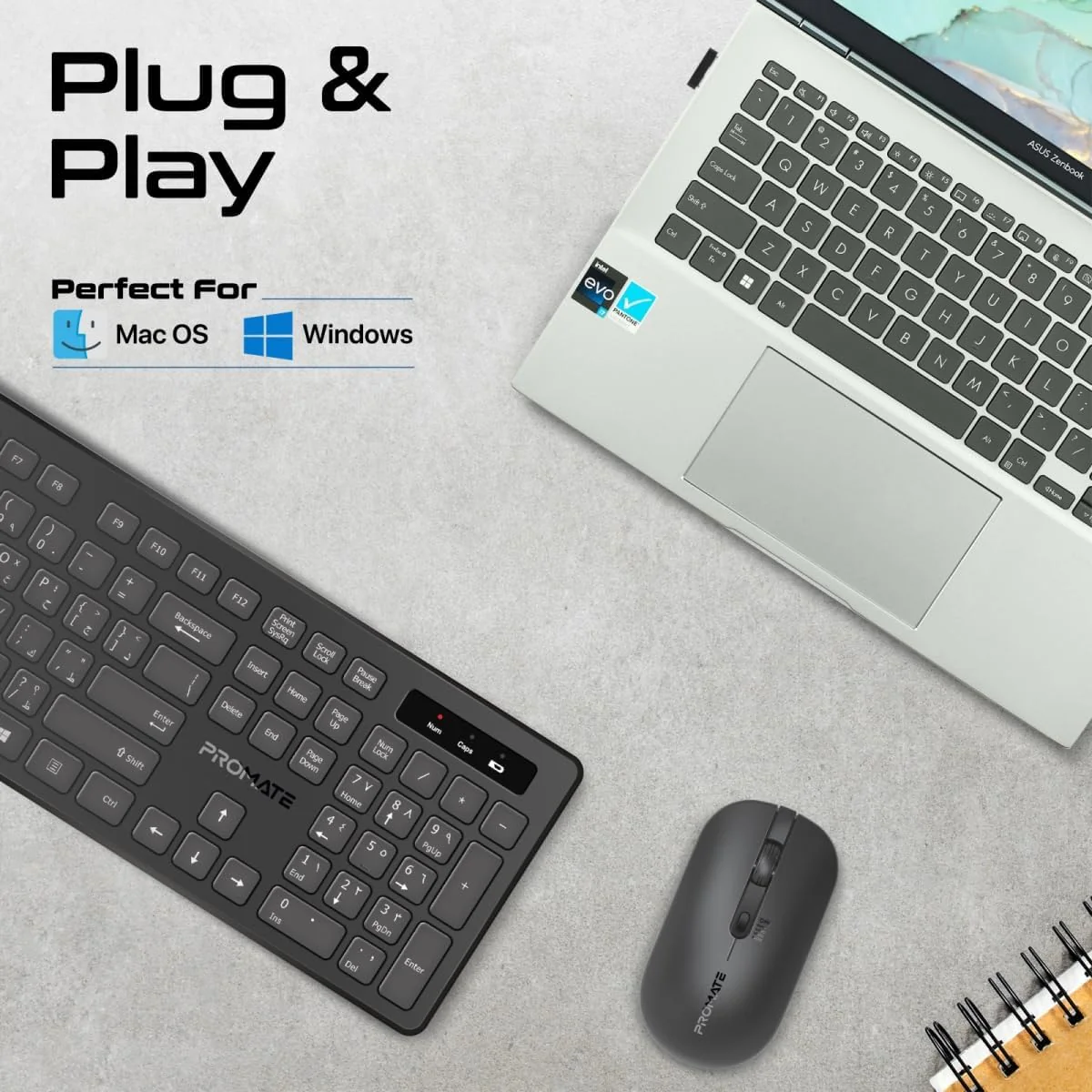 Promate Wireless Keyboard and Mouse Combo, Slim Full-Size2.4Ghz Wireless Keyboard, 1600 DPI Ambidextrous Mouse, Nano USB Receiver, Quiet Keys, Angled Kickstand for iMac, MacBook, ASUS, English/Arabic - Image 8