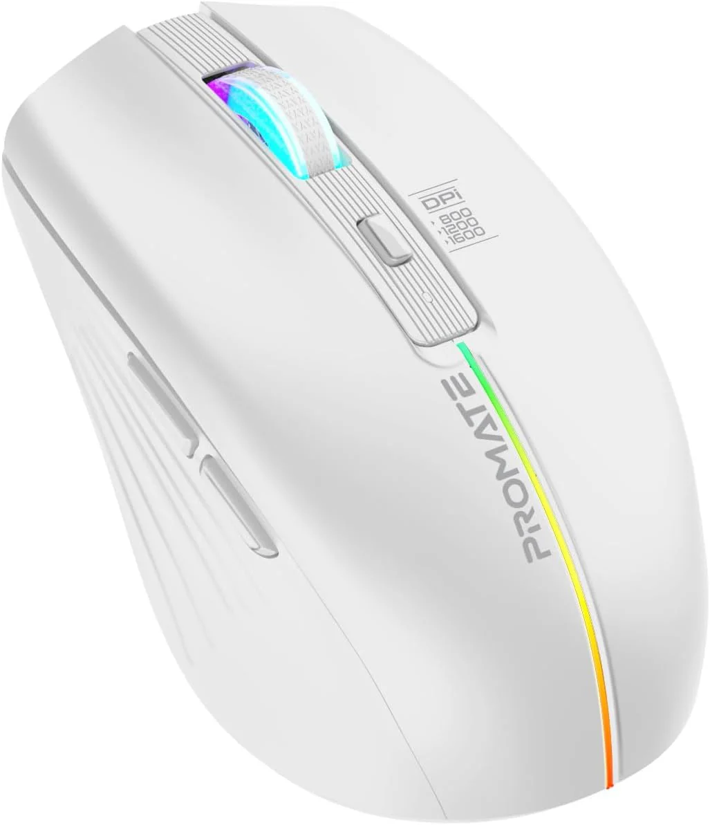 Promate Wireless Mouse, Ergonomic 500mAh Rechargeable LED Backlit Mice with Adjustable 1600DPI, 6 Functional Buttons, RGB Modes and 2.4Ghz Wireless Transmission for MacBook Air, Dell XPS 13 Kitt White