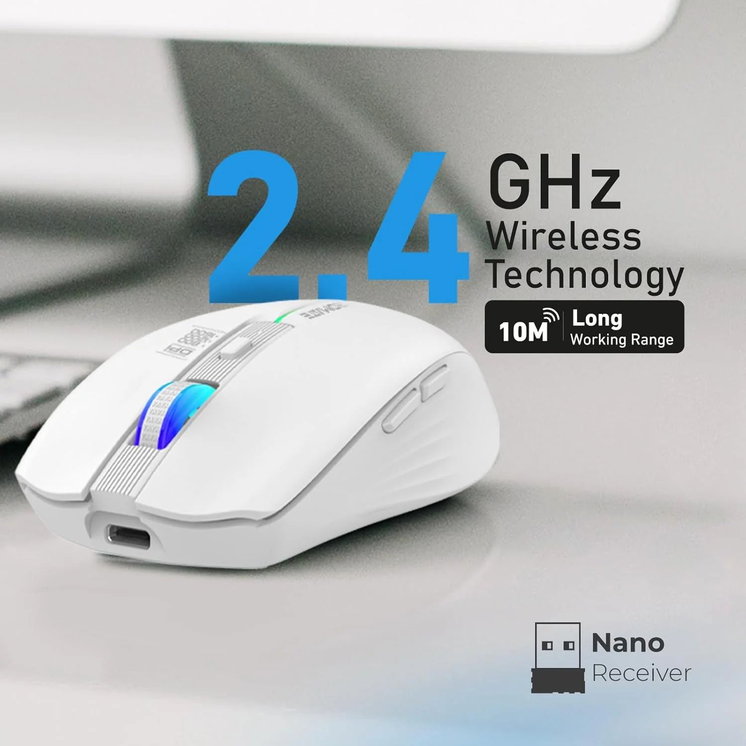 Promate Wireless Mouse, Ergonomic 500mAh Rechargeable LED Backlit Mice with Adjustable 1600DPI, 6 Functional Buttons, RGB Modes and 2.4Ghz Wireless Transmission for MacBook Air, Dell XPS 13 Kitt White - Image 5