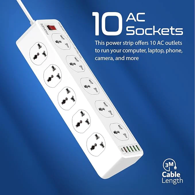 PROMATE 3 Meter Length Power Strip with USB Charging Ports, Universal 10 AC Outlets Surge Protect Extension with 20 Watt USB-C Power Delivery Port, 18 Watt QC 3.0 Amp Port, 4 USB IntelliCharge Ports - Image 4