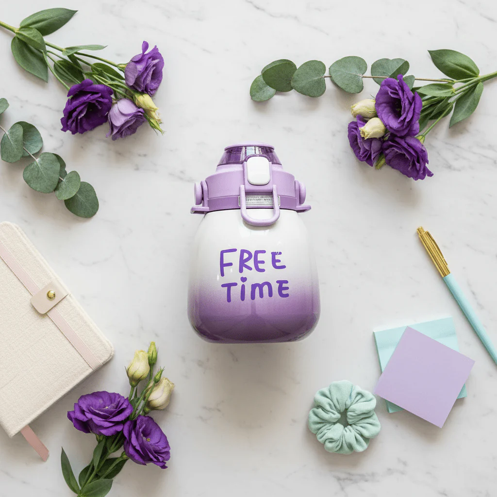 Purple & White Stainless Steel Vacuum Water Bottle with Blue Handle 1000ml - Image 2