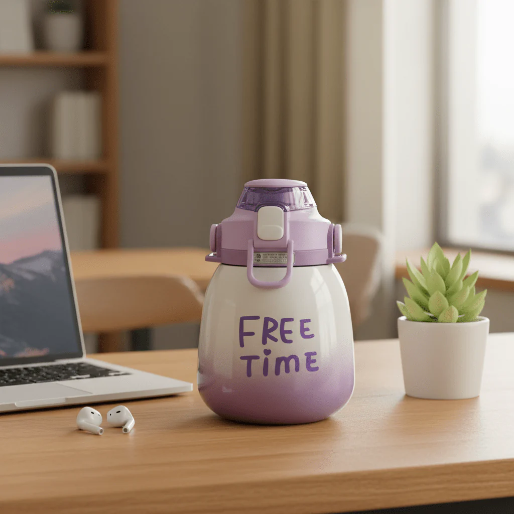 Purple & White Stainless Steel Vacuum Water Bottle with Blue Handle 1000ml - Image 3