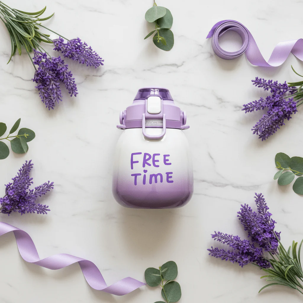 Purple & White Stainless Steel Vacuum Water Bottle with Blue Handle 1000ml - Image 4