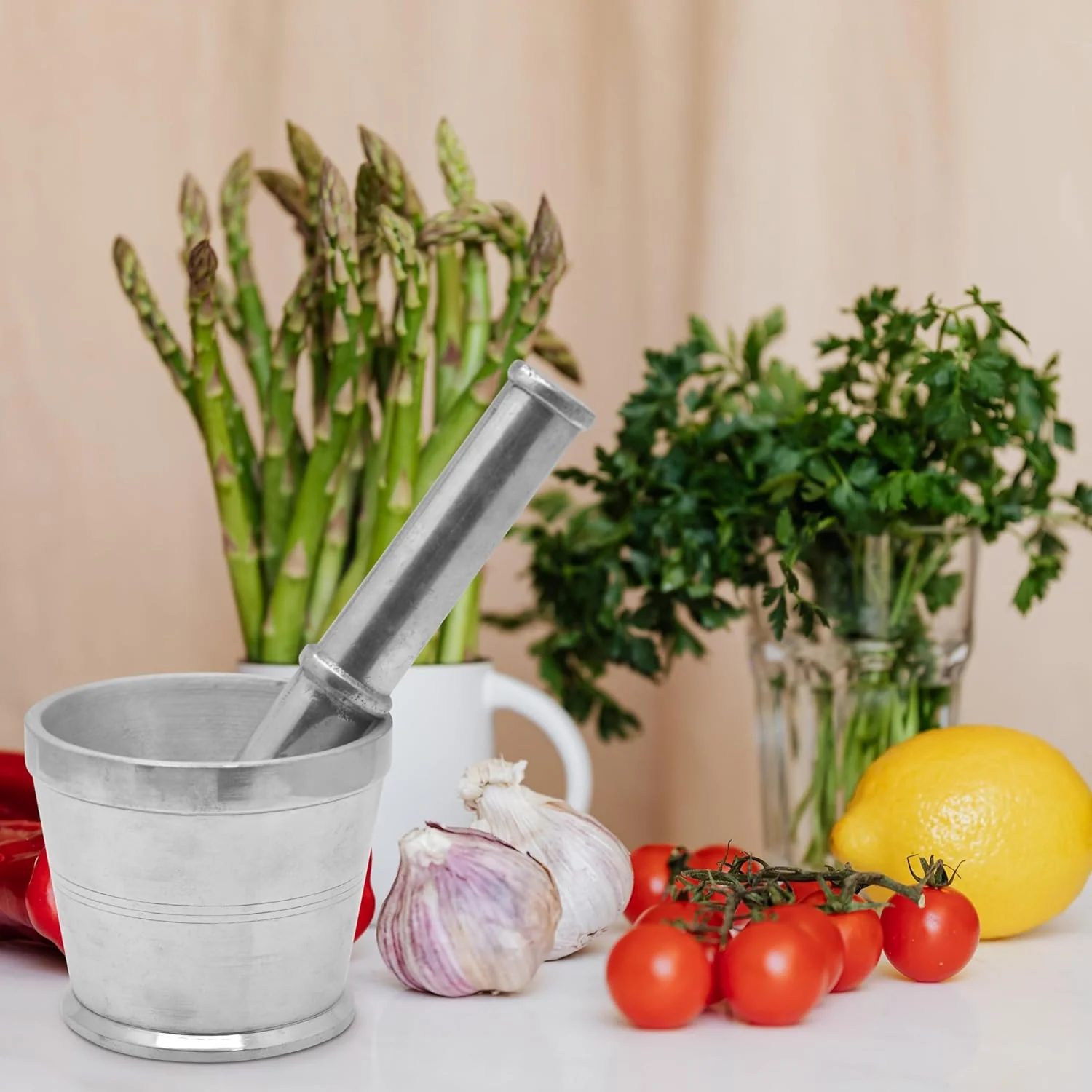 Raj Aluminium Mortar With Stand, Silver, RAM003, Garlic Crusher Manual Spices Grinder Chutney Maker Ideal for Ginger Garlic, Herbs Grinder-12CM - Image 4