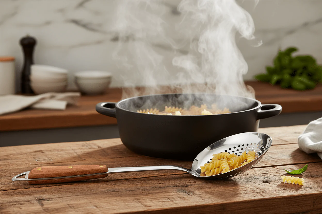 Raj Wooden Handle Skimmer 40 cm RW0003 – Deep Fry & Pasta Strainer Spoon - Image 4
