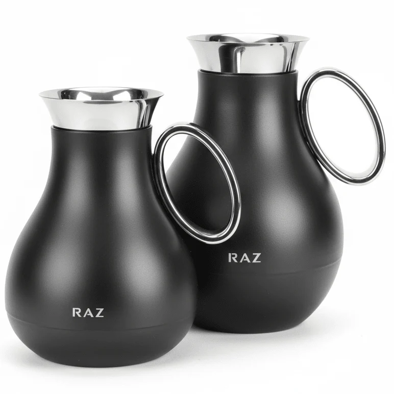RAZ 2 Piece Vacuum Flask Set 0.5L & 1.0L – Classic Black Thermal Insulated Bottles with Silver Finish