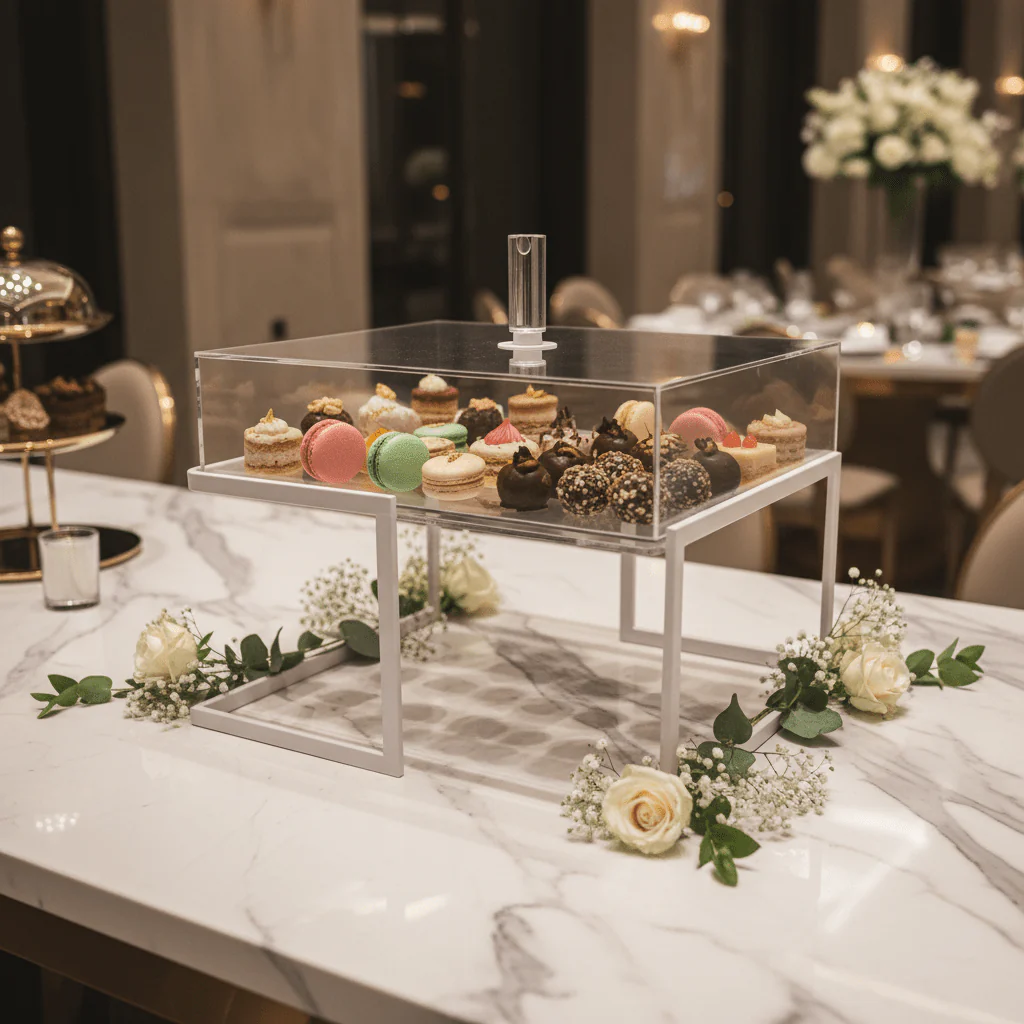 RAZ Extra-Large Transparent Acrylic Dessert Presentation Box with Lid and Elevated White Metal Stand for Events & Catering – 32×32×24 cm - Image 2