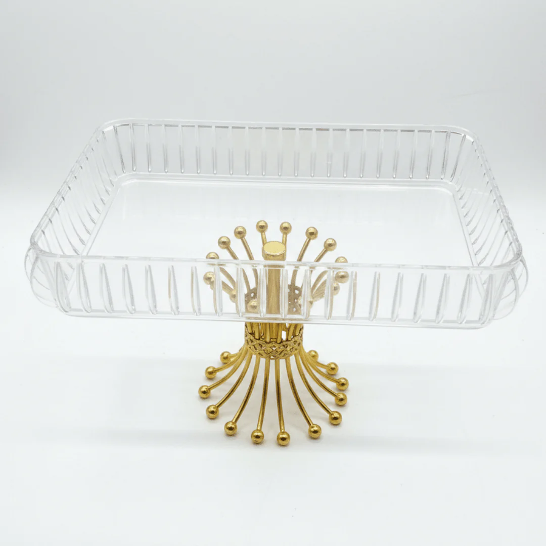 Crystal Acrylic Rectangle Candy Tray with Luxury Gold Metal Pedestal Stand | 32×21cm