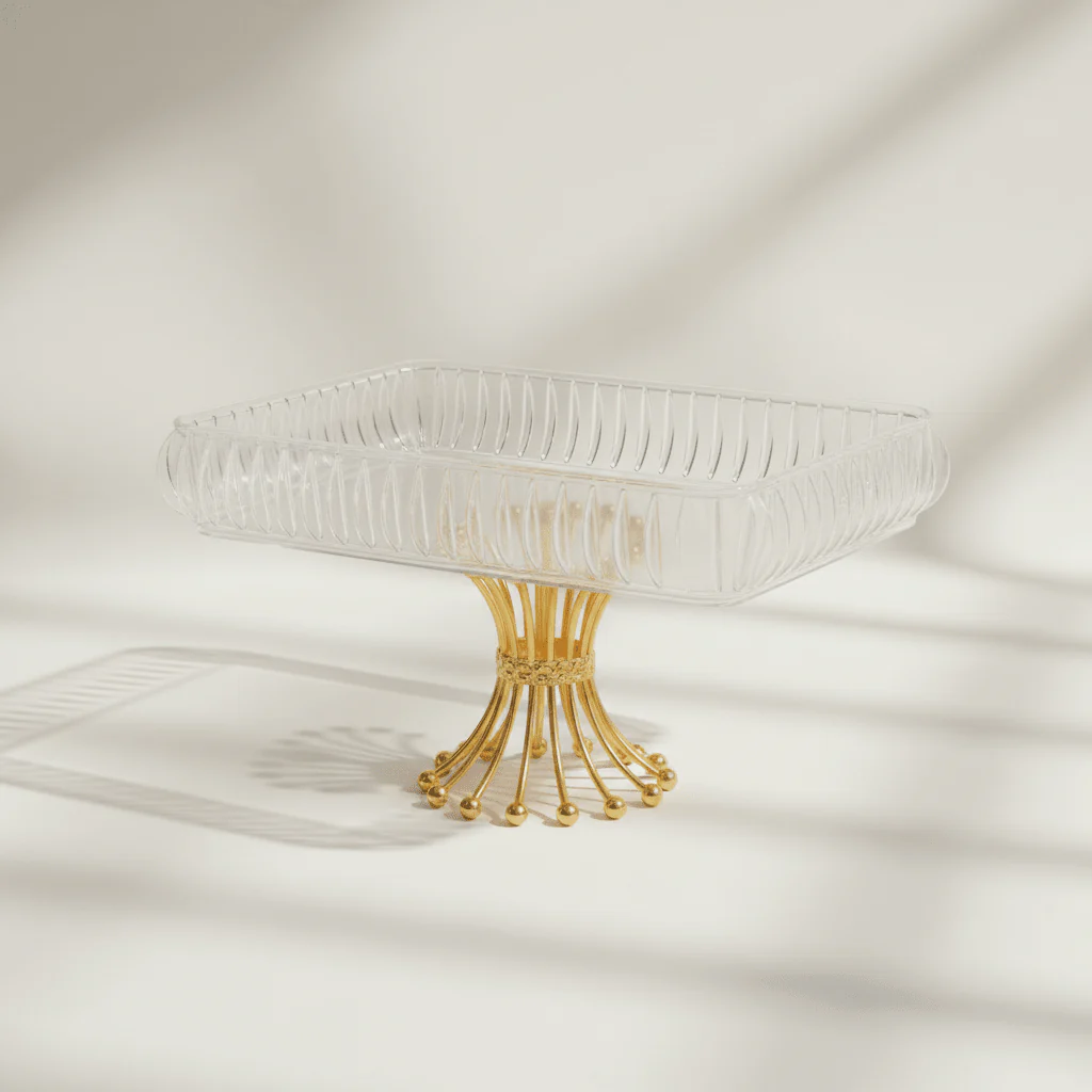 Crystal Acrylic Rectangle Candy Tray with Luxury Gold Metal Pedestal Stand | 32×21cm - Image 3