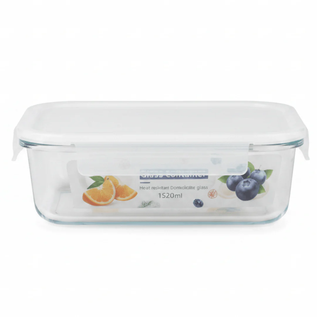 Rectangular Glass Food Storage Container with Airtight Plastic Lid – Large Capacity Meal Prep Box for Kitchen Organization – 1520 ml