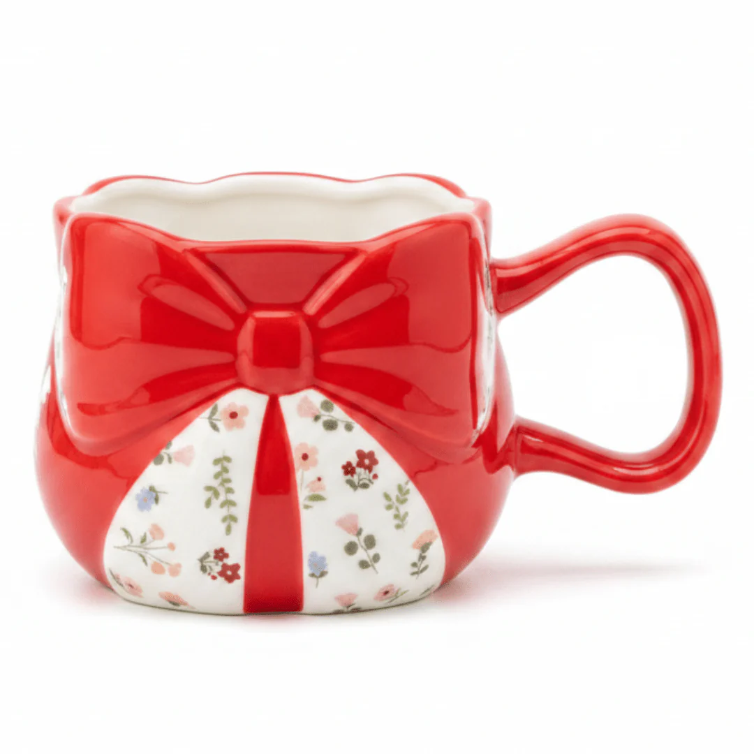 Red Bow Ceramic Mug — Floral Elegance Edition | 300ml