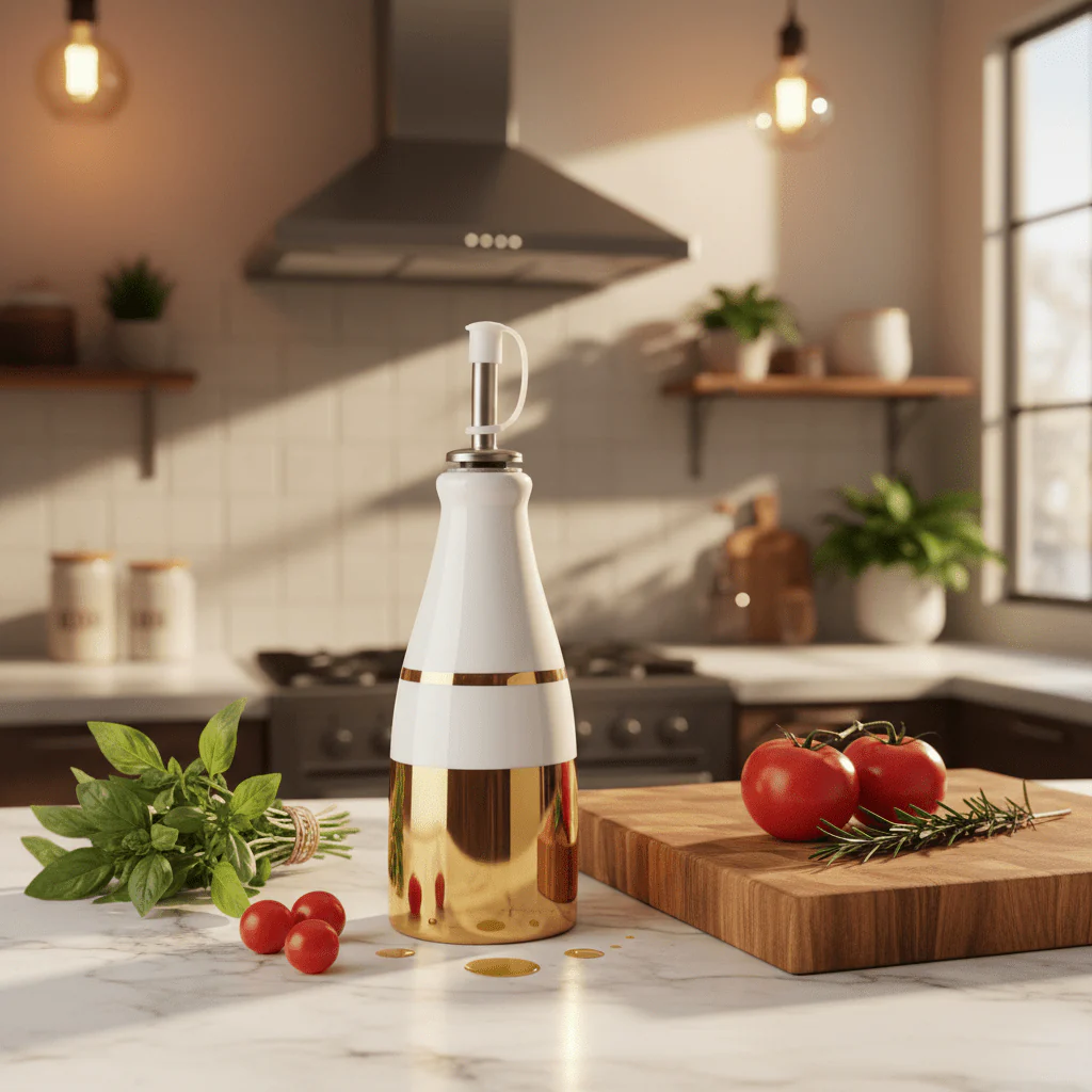 Red Cherry Luxury Gold & White Ceramic Oil Dispenser Bottle for Elegant Kitchen & Dining Use – 250ml - Image 2