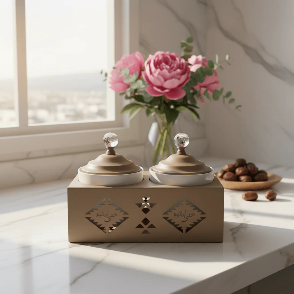 Red Home Elegant 2-Piece White Ceramic Cup Set with Durable Taupe Metal Stand and Matching Lids for Kitchen Storage and Serving (11.5 × 27 × 14 cm) - Image 2
