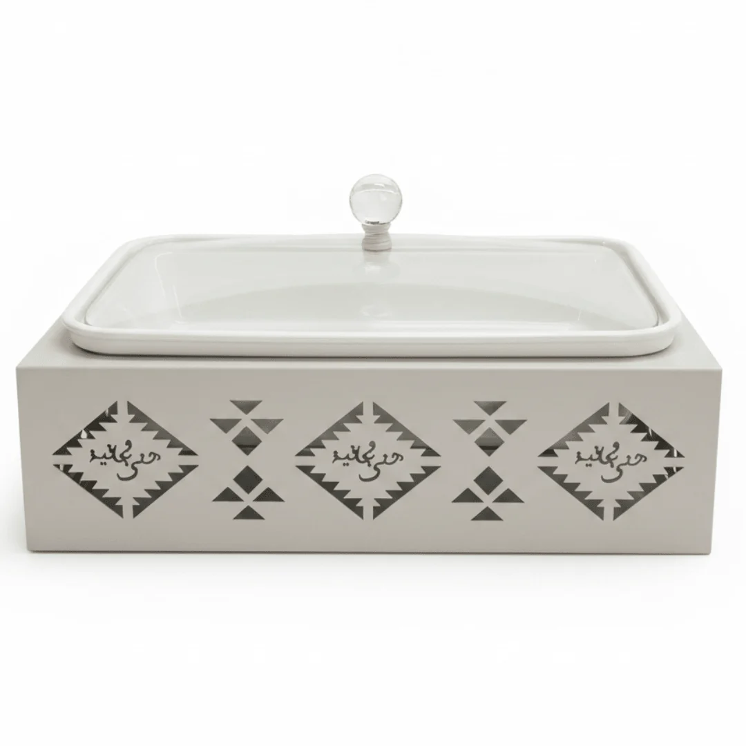 Red Home Elegant White Rectangular Ceramic  Serving Tray with Off-White Metal Stand and Glass Lid for Serving, Baking, and Buffet Use (13.5 inch)
