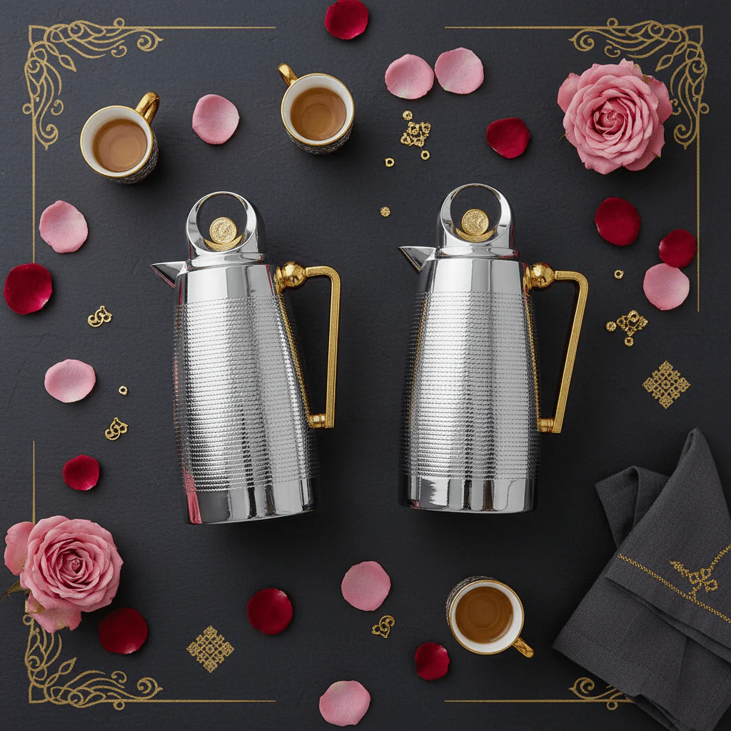 Red Home Glossy Nickel and Gold Design Vacuum Flask Elegant Insulated Beverage Container 1+1 Liter - Image 2