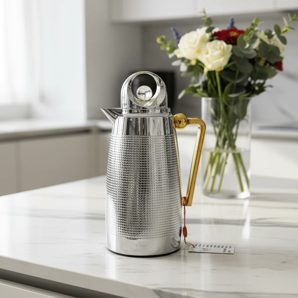 Red Home Glossy Nickel and Gold Design Vacuum Flask Elegant Insulated Beverage Container 1+1 Liter - Image 3