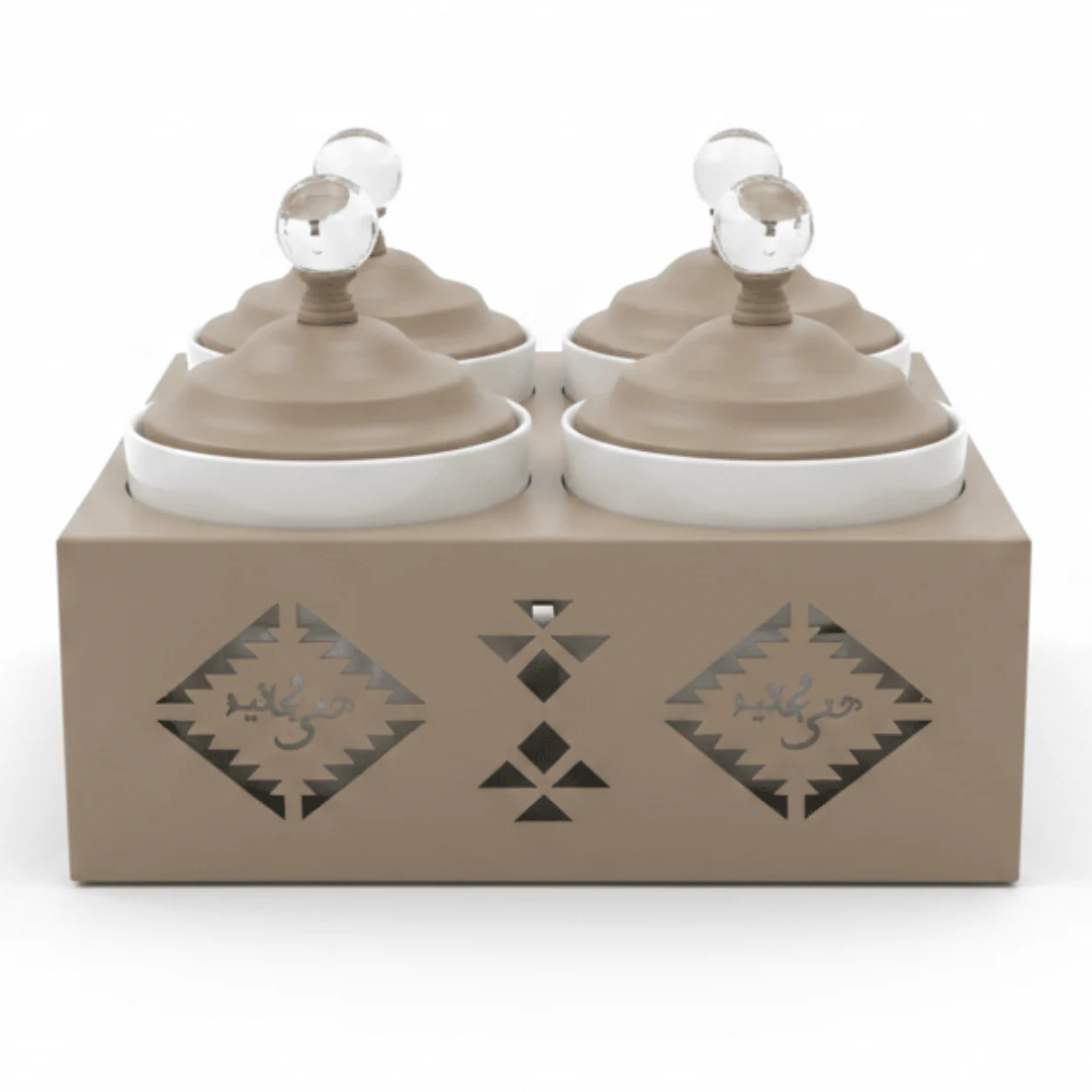 Red Home Luxury 4-Piece White Ceramic Cup Set with Sturdy Taupe Metal Holder and Fitted Lids for Modern Kitchen Storage (11.5 × 27 × 27 cm)