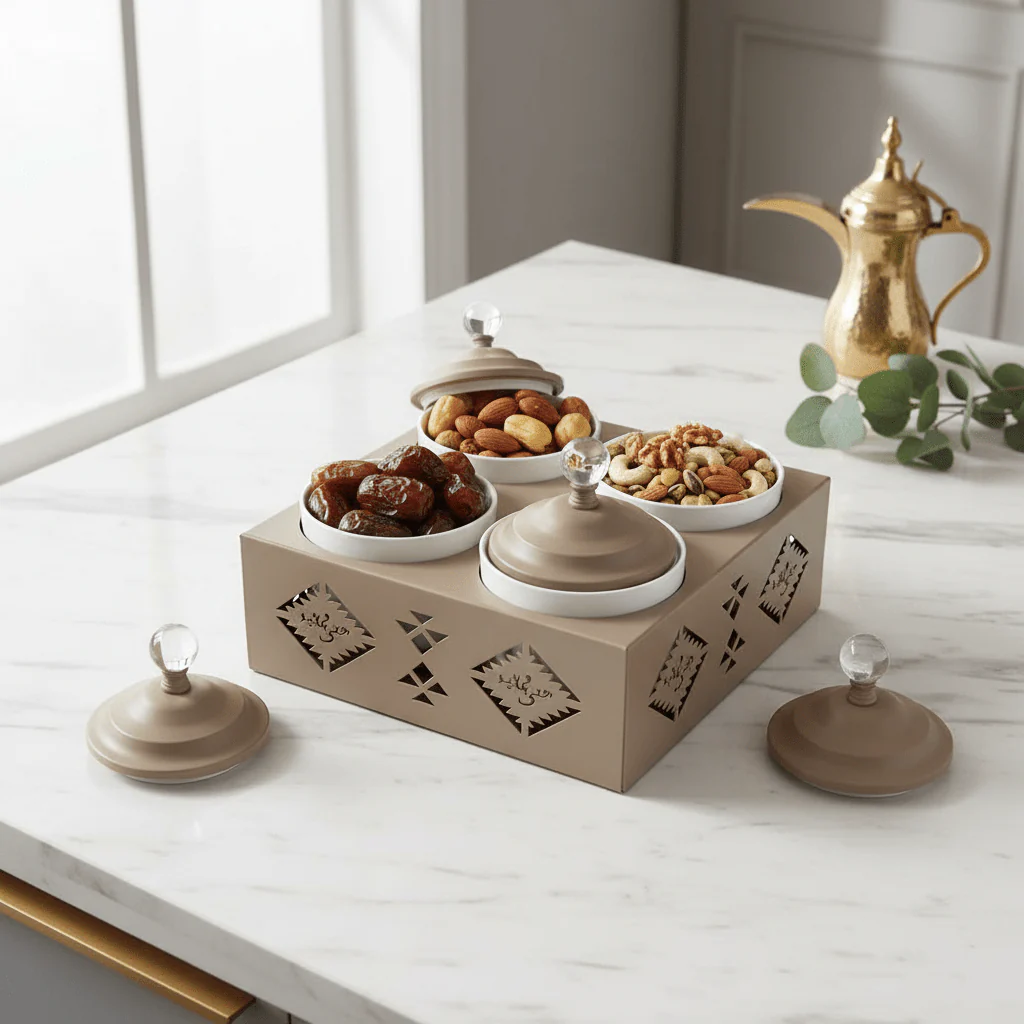 Red Home Luxury 4-Piece White Ceramic Cup Set with Sturdy Taupe Metal Holder and Fitted Lids for Modern Kitchen Storage (11.5 × 27 × 27 cm) - Image 2