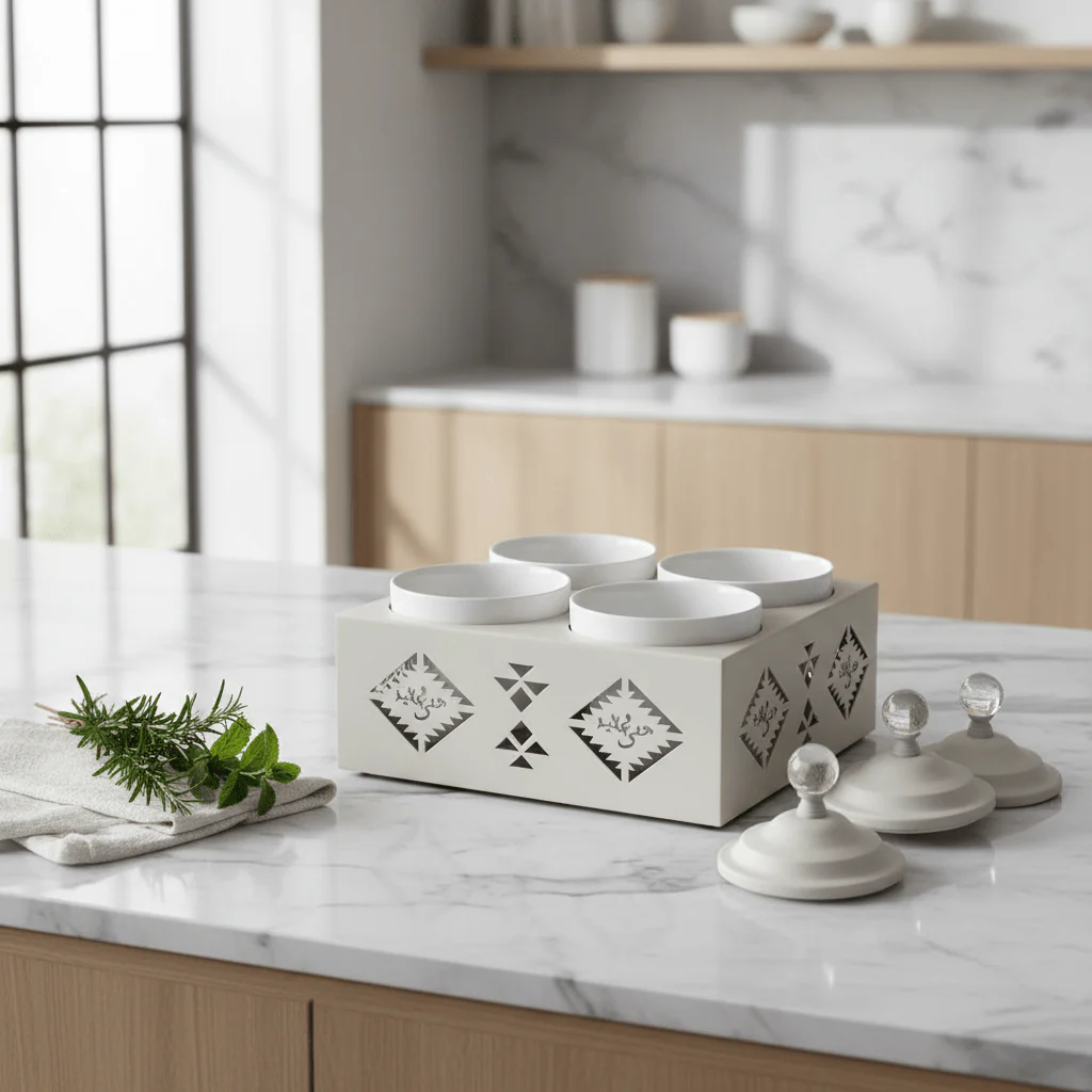 Red Home Modern 4-Piece White Ceramic Cup Collection with Off-White Metal Holder and Matching Lids for Kitchen Display (11.5 × 27 × 27 cm) - Image 3