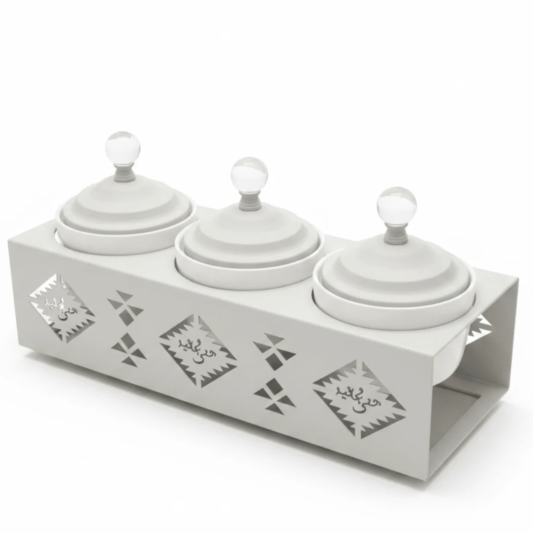 Red Home Premium 3-Piece White Ceramic Cup Set with Off-White Metal Stand and Lids for Elegant Countertop Storage (11.5 × 40 × 14 cm)