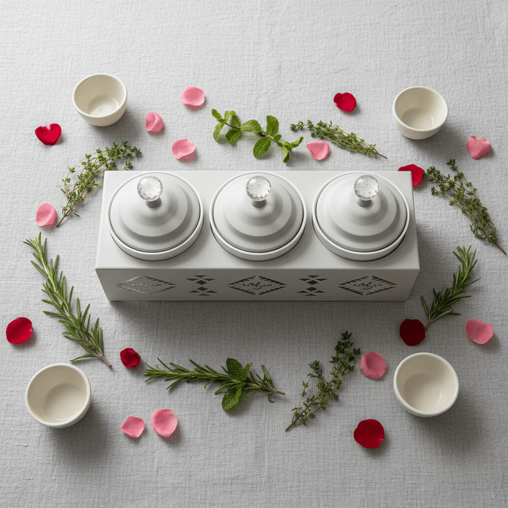Red Home Premium 3-Piece White Ceramic Cup Set with Off-White Metal Stand and Lids for Elegant Countertop Storage (11.5 × 40 × 14 cm) - Image 2