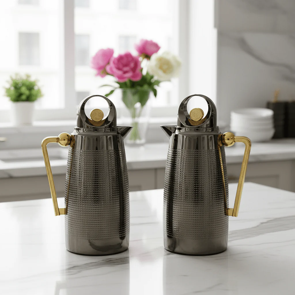 Red Home Premium Vacuum Flask with Gun Black and Gold Finish Durable Thermal Insulated Bottle 1+1 Liter - Image 3