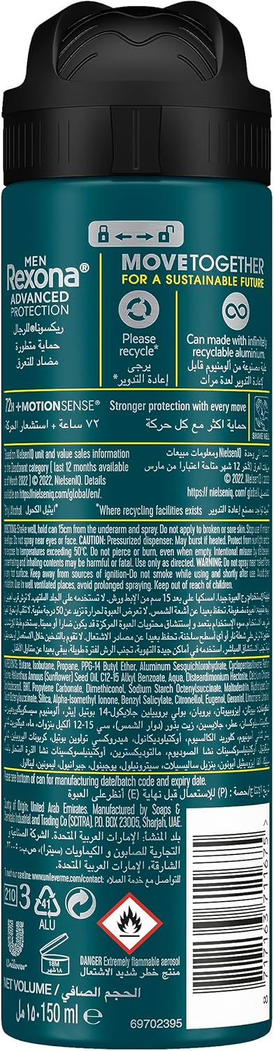 Rexona Men Antiperspirant Deodorant Spray, 72 hour Sweat & Odor Protection, V8, with MotionSense Technology-150ML - Image 2