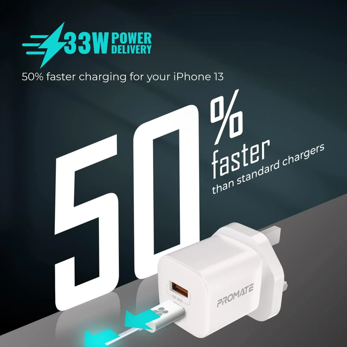 Promate GaN USB-C Charger, Ultra-Compact 33W USB-C Power Delivery Wall Charger with Fast 22.5W QC 3.0 Charging Port, Adaptive Smart Charging and Short-Circuit Protection for iPhone 15, PowerPort-33 - Image 3