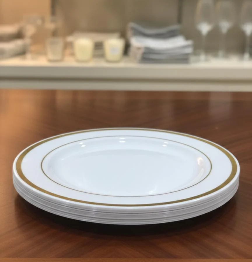 Rosymoment Premium 10" Heavyweight Disposable Plastic Plates – Golden Round Border, 48g, Set of 10 High-Quality Elegant Plates
