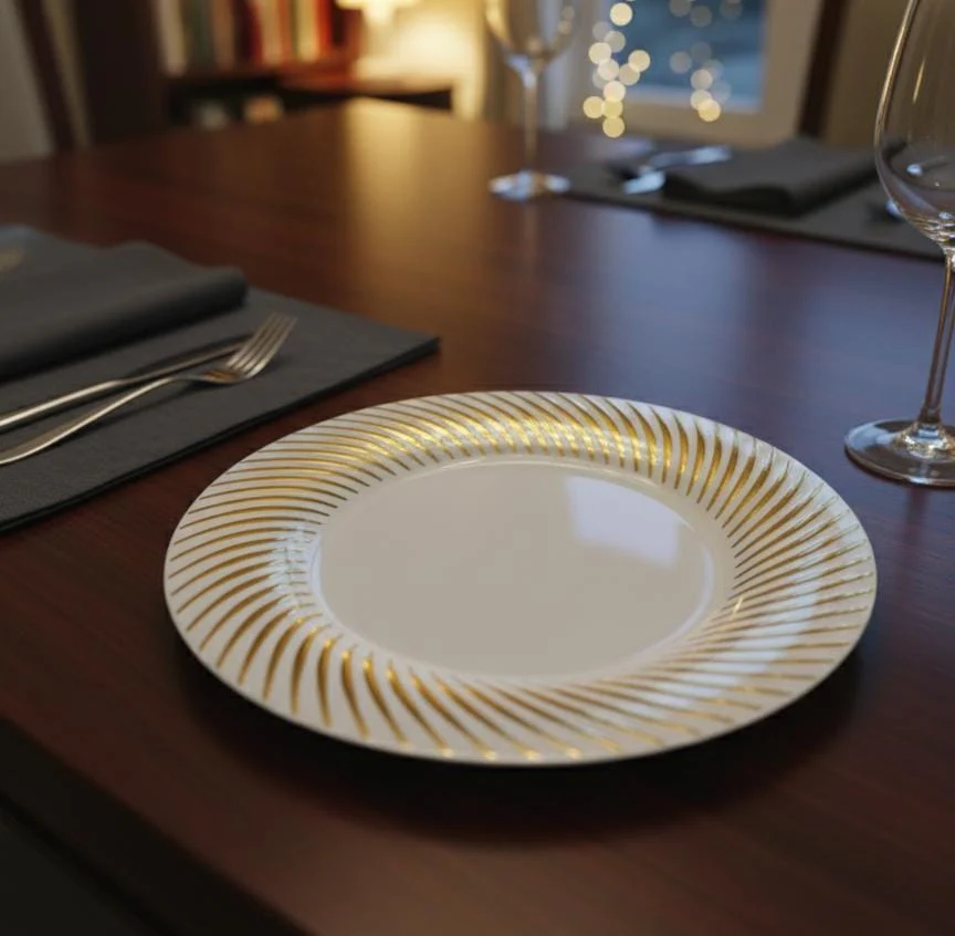 Rosymoment Premium 10" Heavyweight Disposable Plastic Plates – Golden Unique Border, 46g, Set of 10 Stylish Party Plates