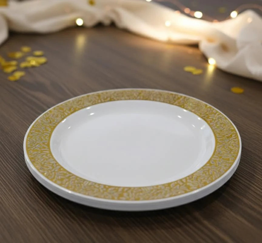 Rosymoment Premium 10" Heavyweight Disposable Plastic Plates – Golden Unique Border, 51g, Set of 10 Elegant Dinner Plates for Occasions