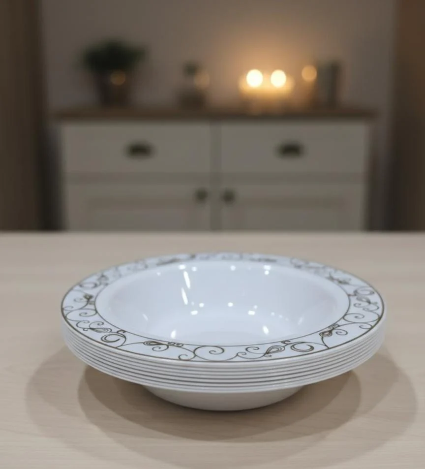 Rosymoment Premium 7.5" Heavyweight Disposable Plastic Bowls – Elegant Gold Unique Border Finish, 32g, Set of 10 Stylish Party Bowls