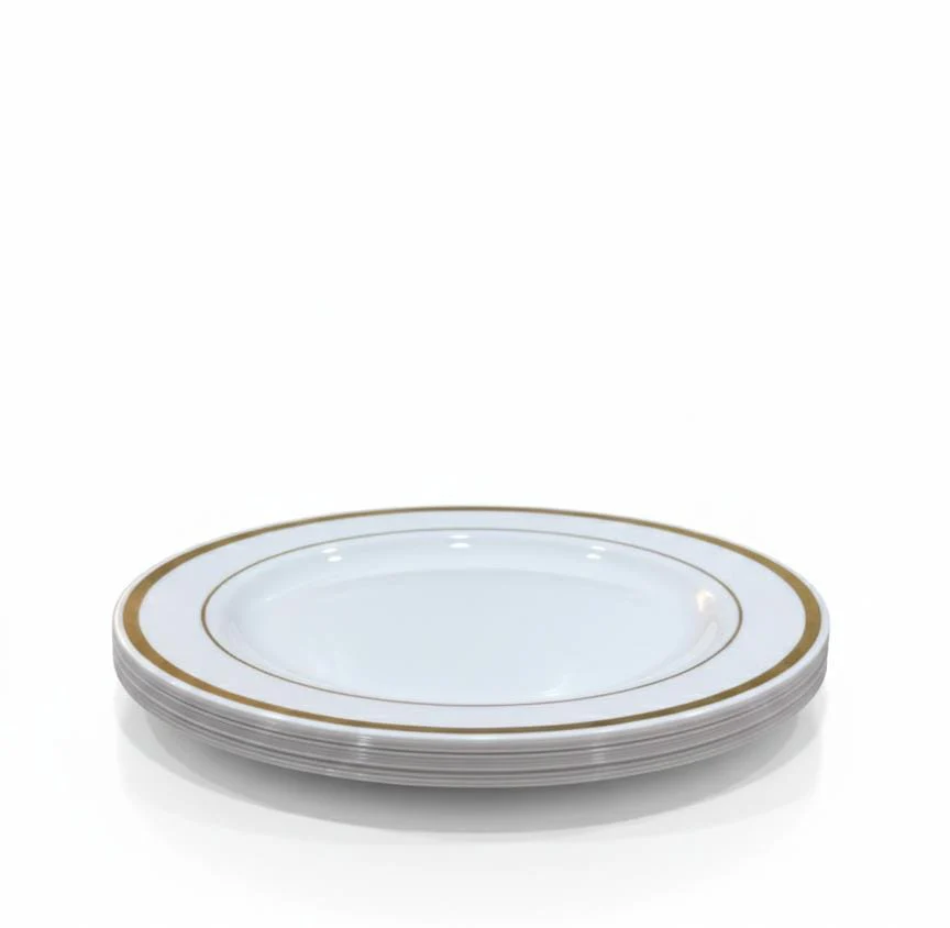 Rosymoment Premium 7.5" Heavyweight Disposable Plastic Plates – Golden Round Border, 24g, Set of 10 Stylish Plates for Every Occasion - Image 2