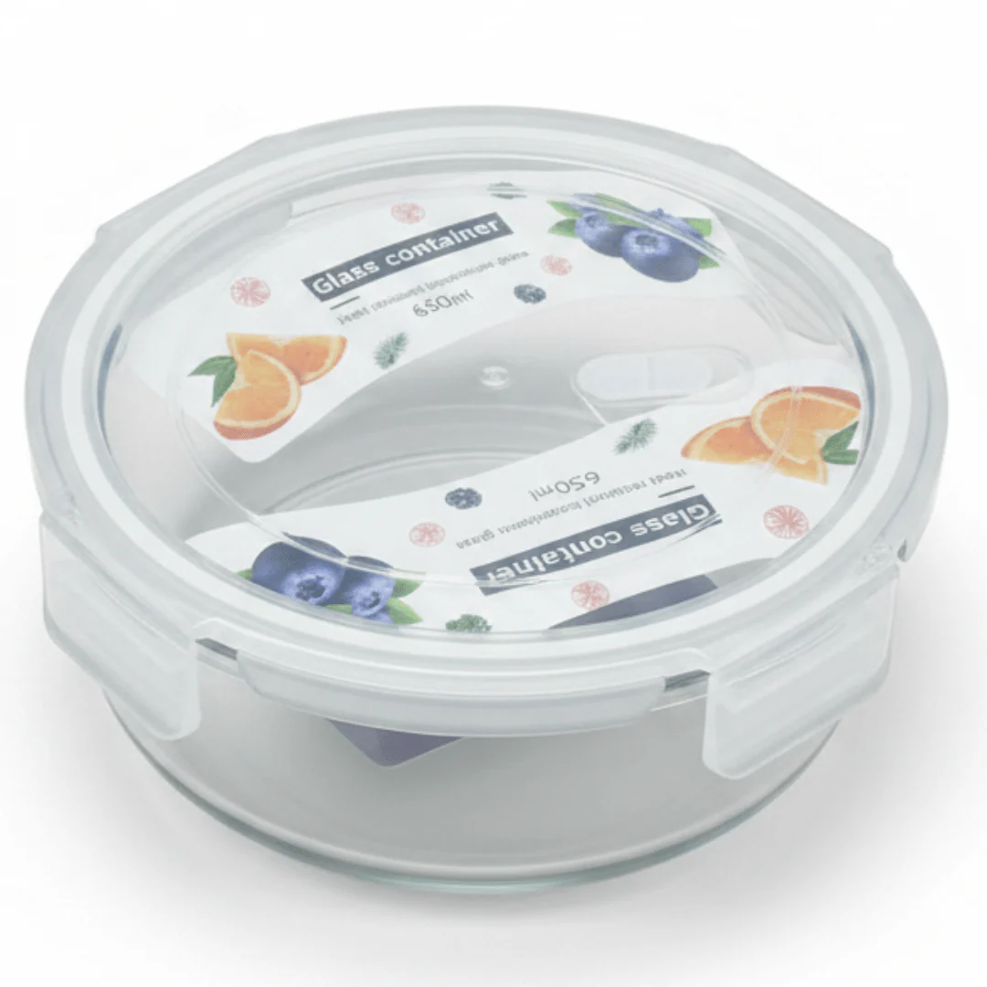 Round Glass Food Storage Container with Airtight Leakproof Plastic Lid – Durable Heat-Resistant Glass – 650 ml Capacity