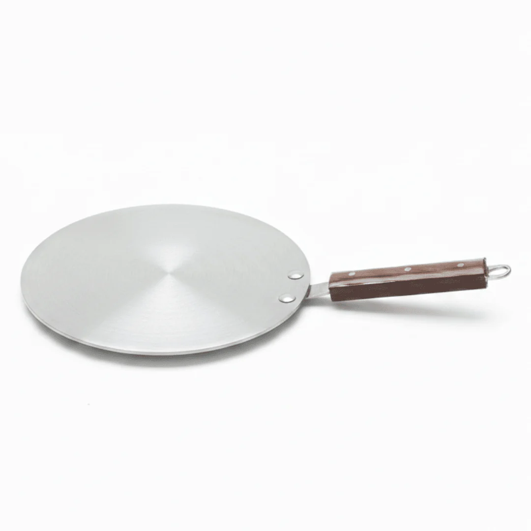 Royal Cuisine Heavy-Duty Round Aluminum Tawa Griddle with Heat-Resistant Wooden Handle – 10 Inch