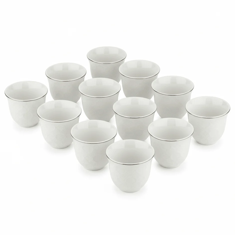 Royal Ford 12pcs White Ceramic Cawa Cup Set with Golden Rim Elegant Luxury Design 80ml Premium Arabic Coffee Cups for Hospitality and Serving Use