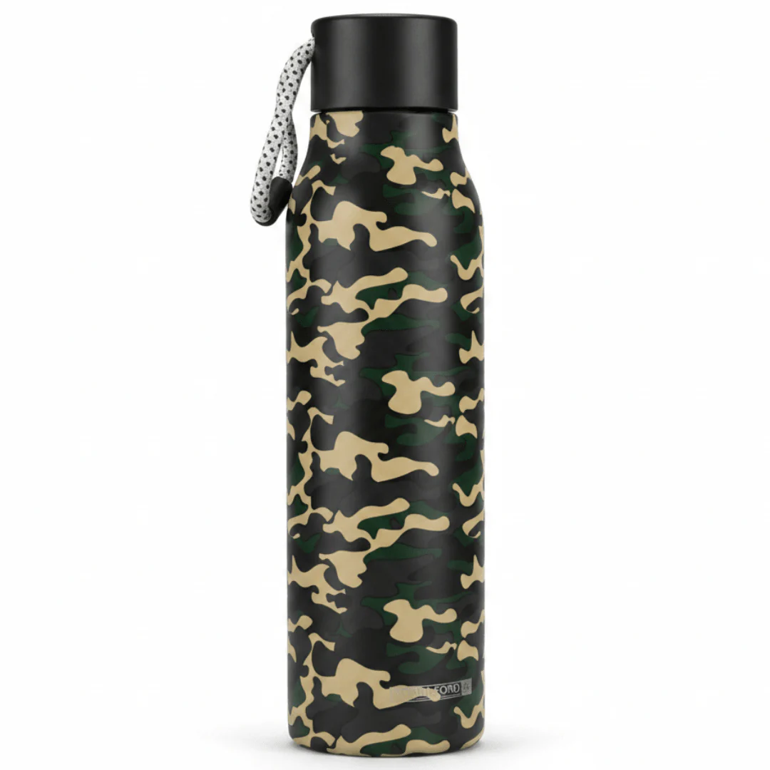 Royal Ford Army Green Stainless Steel Water Bottle with Black Leakproof Cap – 600 ml