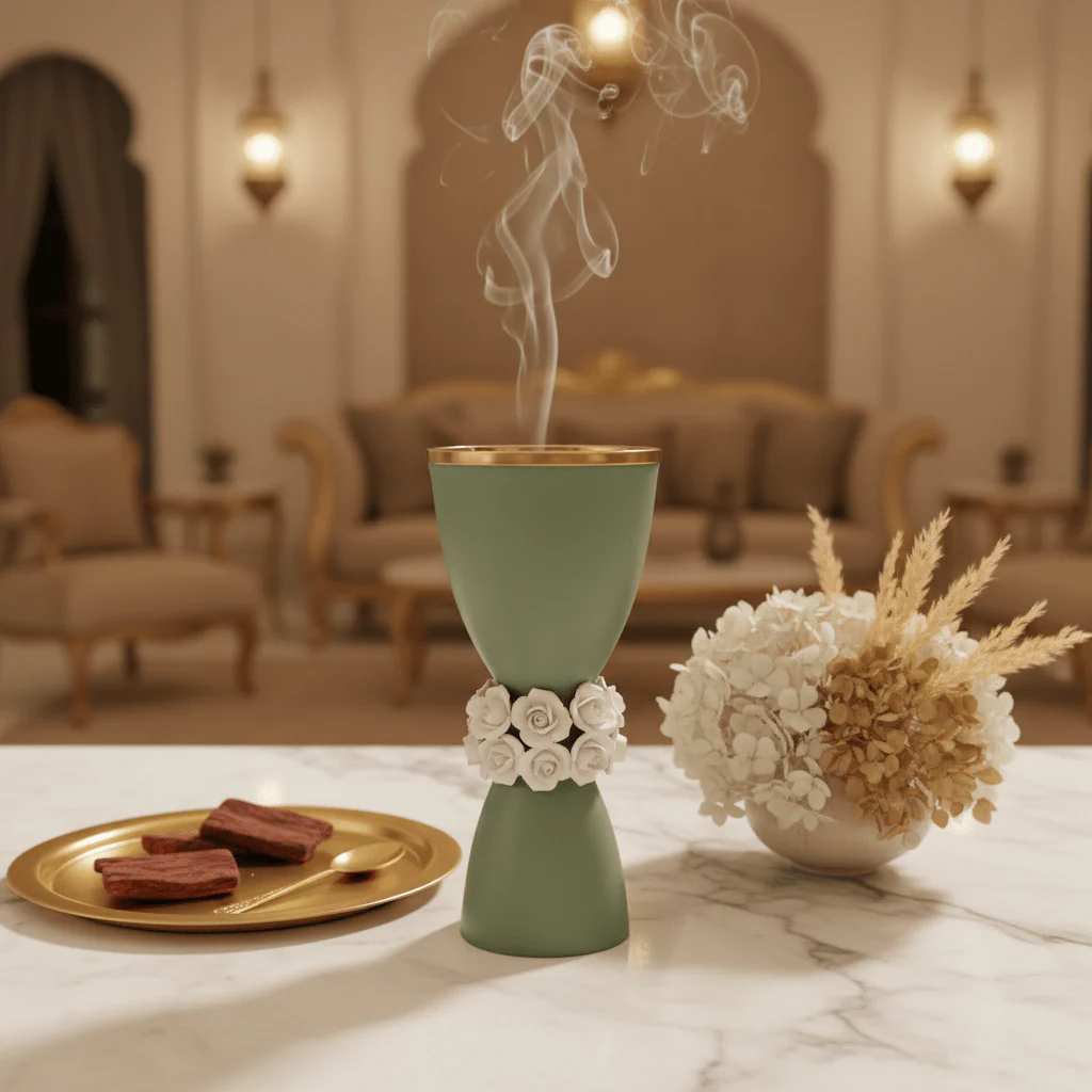Royal Victoria Green and Gold Ceramic Incense Burner with White Flower Design Premium Decor 23cm - Image 2