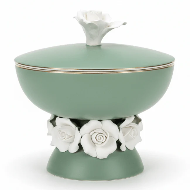 Royal Victoria Green Footed Ceramic Candy Pot with White Flower Design Decorative Jar 10*14cm