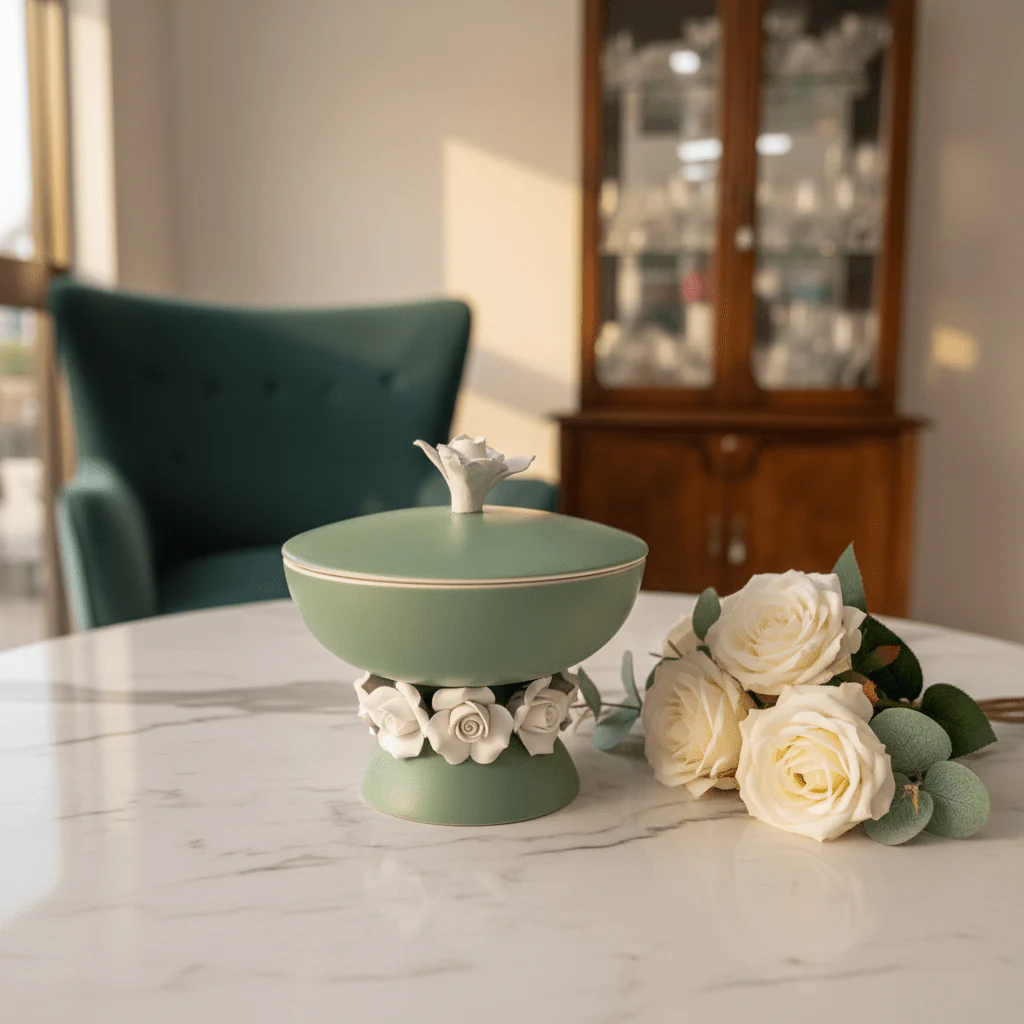 Royal Victoria Green Footed Ceramic Candy Pot with White Flower Design Decorative Jar 10*14cm - Image 2