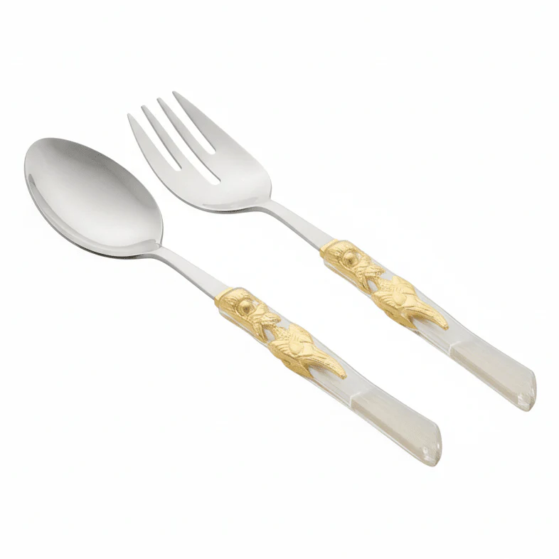 Royal Victoria Stainless Steel Silver Salad Servers with Elegant Gold Accent Handles (2 pcs) – Premium Dining Set 28×30 cm