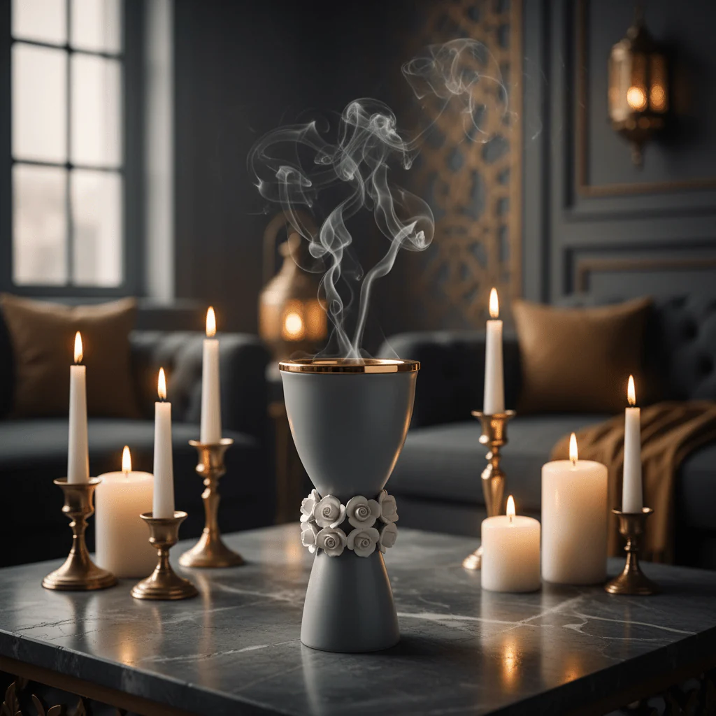 Royal Victoria grey and Gold Ceramic Incense Burner with White Flower Design Elegant Decor 23cm - Image 2