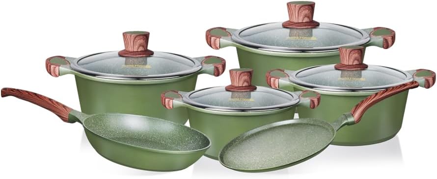 Royalford 10-Piece Die-Cast Aluminium Cookware Set RF12951 – Granite Coating, Induction Base, Glass Lids & Wood-Style Handles Assorted Color