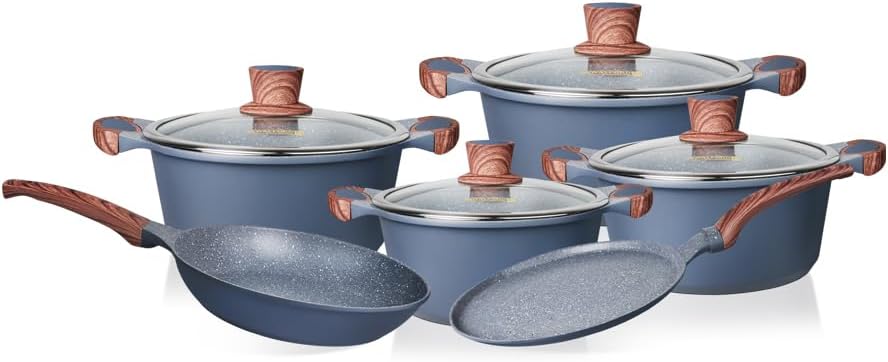Royalford 10-Piece Die-Cast Aluminium Cookware Set RF12951 – Granite Coating, Induction Base, Glass Lids & Wood-Style Handles Assorted Color - Image 2