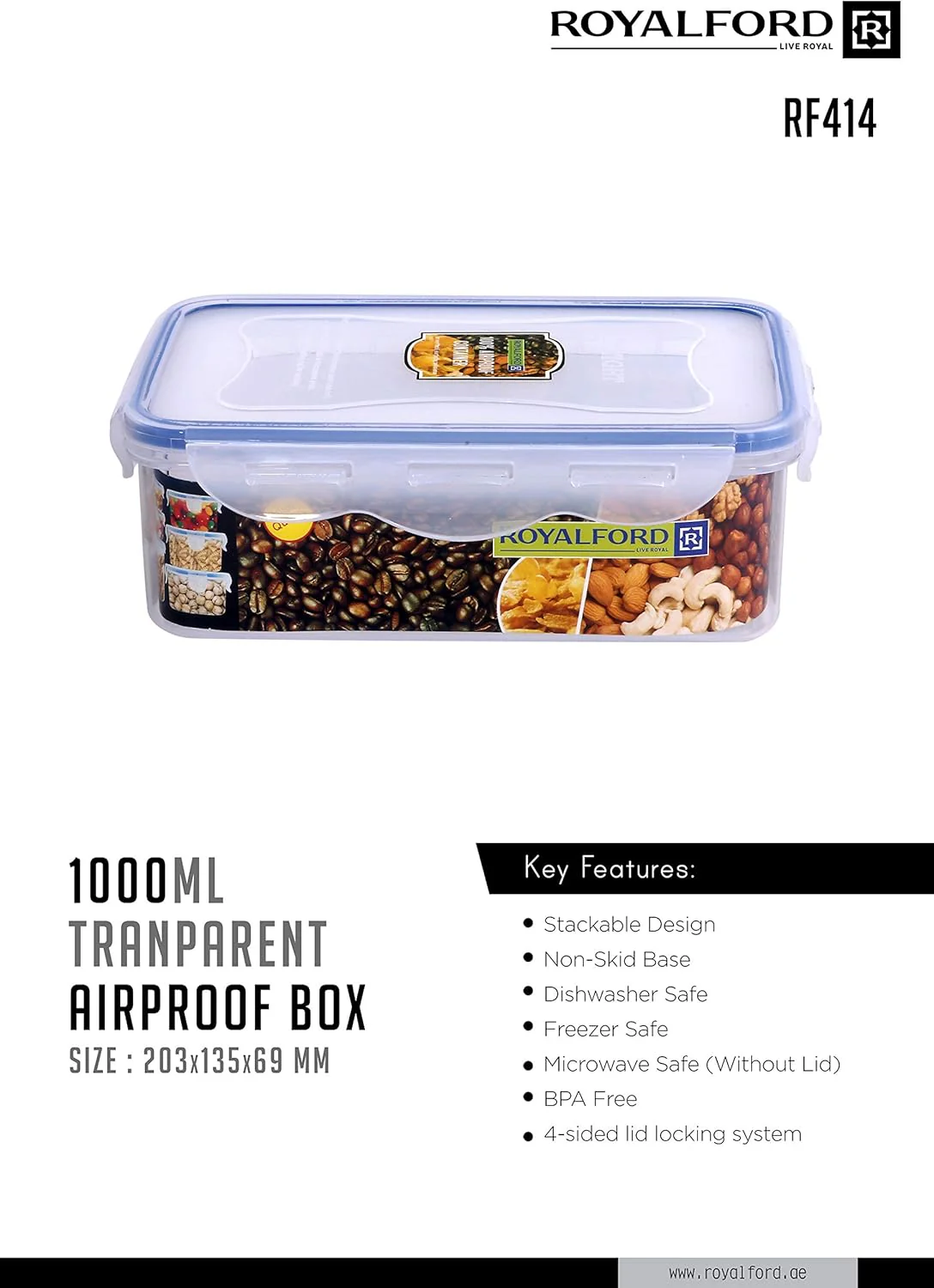 Royalford 1000ml Meal Prep Container | Transparent Food Container | BPA Free, Reusable, Airtight Food Storage Tray with Snap Locking Lid | Microwavable, Freezer & Dishwasher Safe| Bento Lunch Box - Image 2