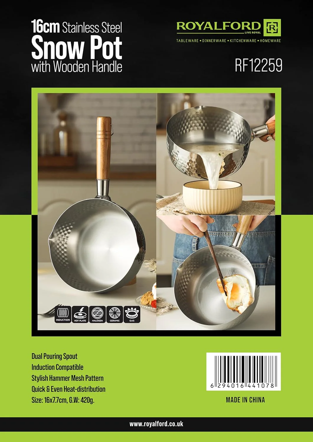 Royalford 16cm Stainless Steel Snow Pot- RF12259 Stylish Design with Hammered Mesh Pattern and Wooden Handle - Image 3