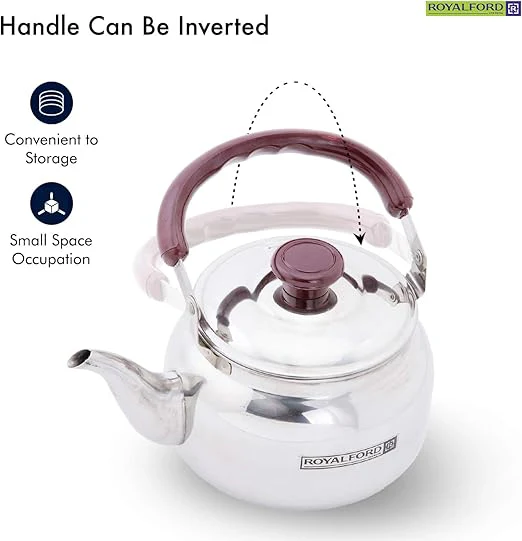 Royalford 2 Liter Stove Top Tea Kettle Ð Large Capacity Stainless Steel Stove-top Tea Pot - Tea Coffee Pot Ideal for Home Office & Hotel Ð Compact & Stylish Design with Heat Resistant Handle - Image 6