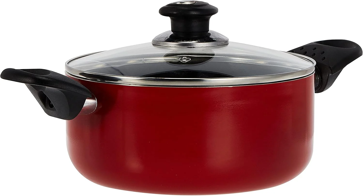 Royalford 20cm Non-Stick Ceramic Casserole with Glass Lid – Durable Red Finish (RF6438)
