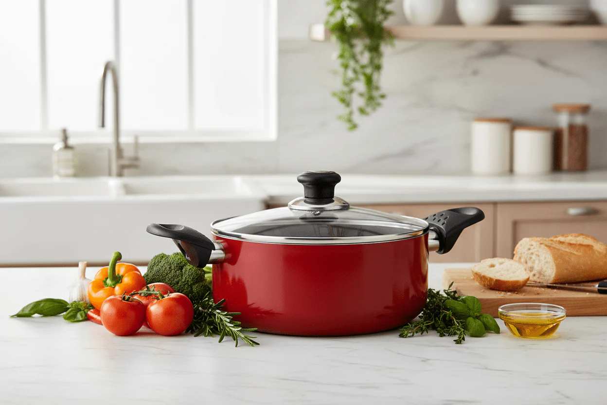Royalford 20cm Non-Stick Ceramic Casserole with Glass Lid – Durable Red Finish (RF6438) - Image 4